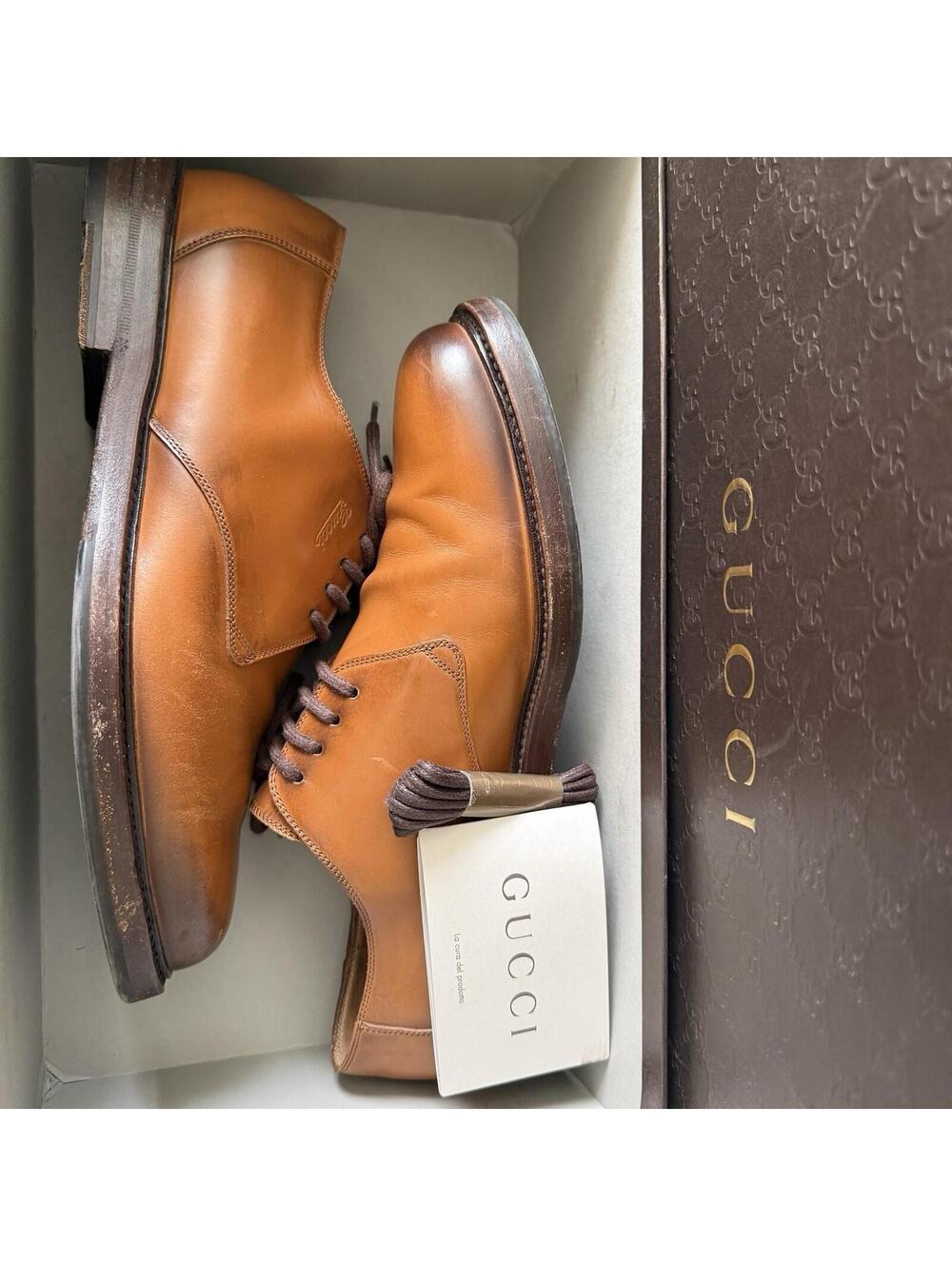 Designer Gucci Men's Burnished Tan Calfskin Leather Plain-Toe Derby Shoes 8 BOX+ - Picture 2 of 9